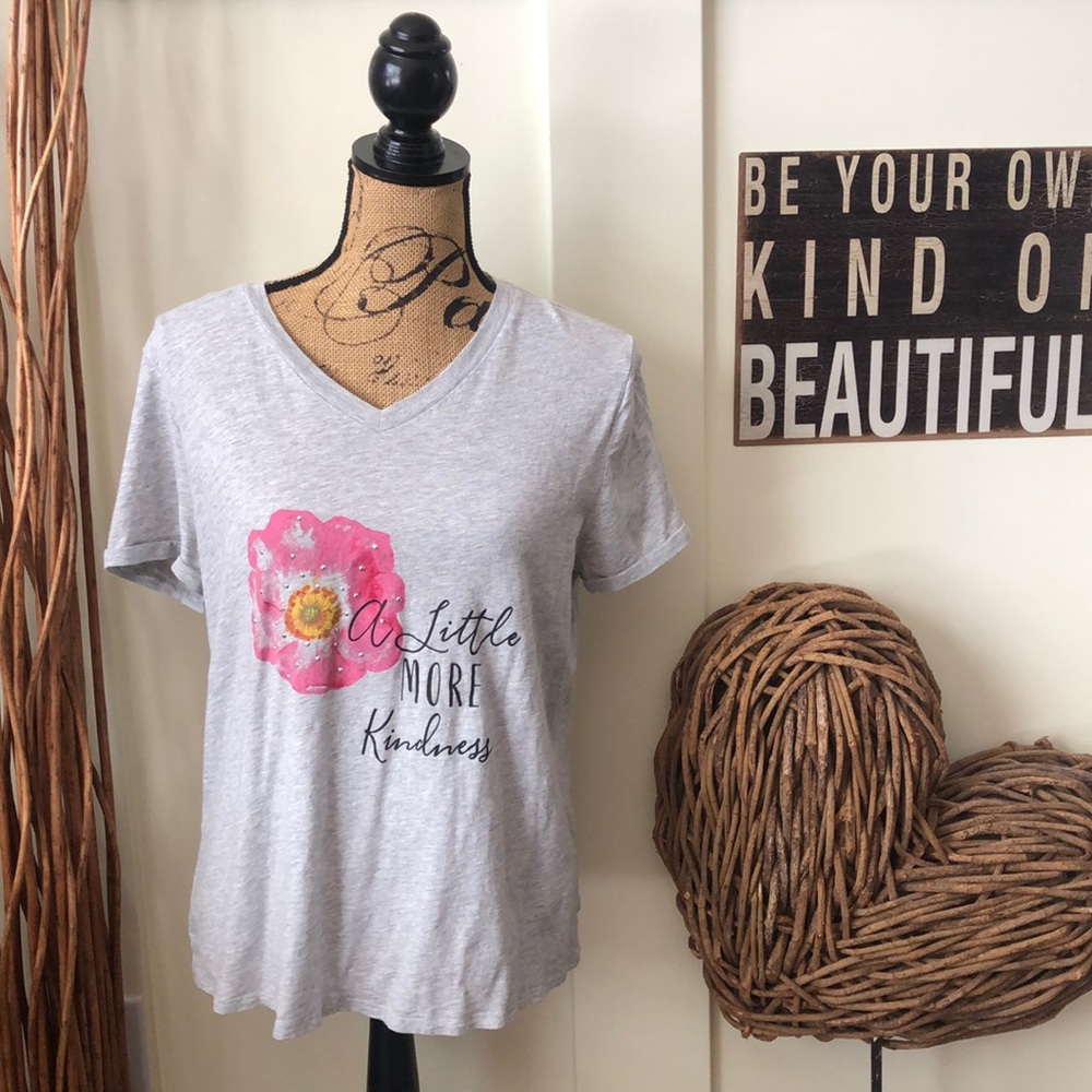 A Little More Kindnesses Gray Shirt Sleeve Tee With Pink Floral Graphic